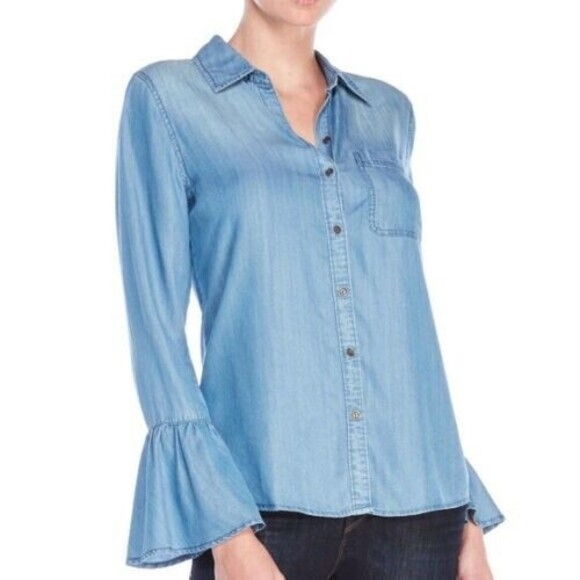 BeachLunchLounge Small S Chambray Lyocell Bell Sleeve Button Down Shirt Top Boho - Picture 1 of 10
